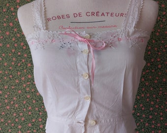 1900s French antique embroidered camisole ribbon trimmed