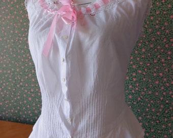 1910s Antique victorian edwardian corset-cover ribbon trimmed monogrammed Camisole Size L XL