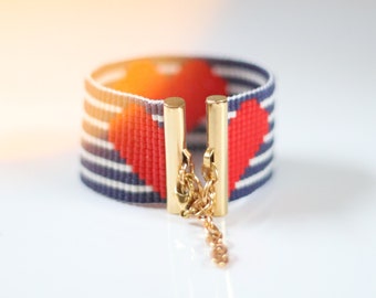 Pulsera de cuentas tejida en telar, cuentas Miyuki Delica DIY, joyería de cuentas tejida, patrón de corazón rojo y rayas en telar - Amor