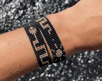Loom beaded bracelet model, Miyuki Delica black and gold beaded bracelet, Seed beads bracelet - Snake