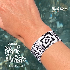 May include: Black and white loom bracelet with a geometric pattern. The bracelet is worn on a wrist and features a repeating design of squares and diamonds. The text "Pattern Black & White Loom Bracelet" is visible.