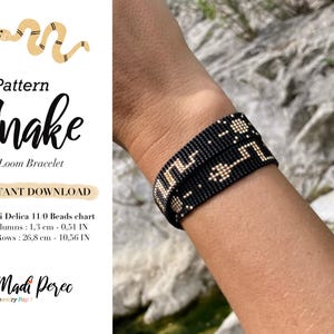 May include: A black and gold loom bracelet with a snake pattern. The bracelet is made with Miyuki Delica 11/0 beads. The pattern is for a 9 column, 154 row bracelet, measuring 1.3 cm wide and 26.8 cm long.