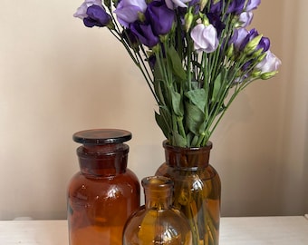 Ensemble de 3 bouteilles en verre marron vintage, verre de rangement de pharmacie antique