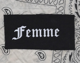 femme glitter patch, punk patch, gothic text
