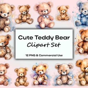 Cute Teddy Bear Clipart Set, Clipart Pack, 12 Transparent PNGs, Clipart for Commercial Use