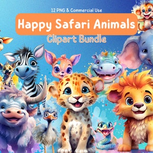 Happy Safari Animals Clipart Bundle, 12 Transparent PNGs, Clipart for Commercial Use