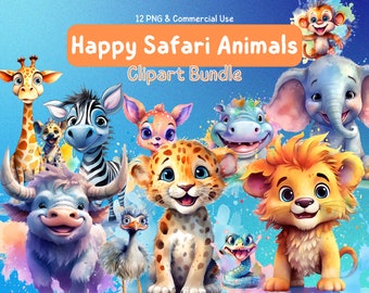 Happy Safari Animals Clipart Bundle, 12 Transparent PNGs, Clipart for Commercial Use