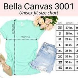 May include: A light green Bella Canvas 3001 t-shirt with a unisex fit size chart. The chart shows measurements for sizes XS to 4X, with lengths from 27 to 34 inches and widths from 16.5 to 30 inches. The shirt is displayed with denim shorts and beige heels.