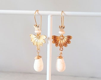 Earrings, dangle earrings, gold-plated, daisy, boho, Ibiza, hippie style, golden ornaments, beige + gold, summer, beach, mix and match