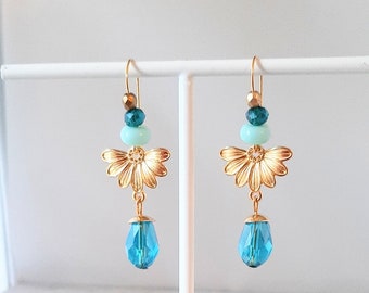 Earrings Gold Plated Daisy, Boho, Ibiza, Hippie Style, Golden Ornaments, Turquoise + Petrol + Mint + Gold, Summer Beach Mix and Match