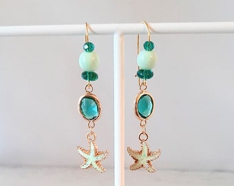 Earrings, dangle earrings, gold-plated, starfish, boho, Ibiza, hippie style, golden ornaments, green + mint + gold, summer, beach, mix and match