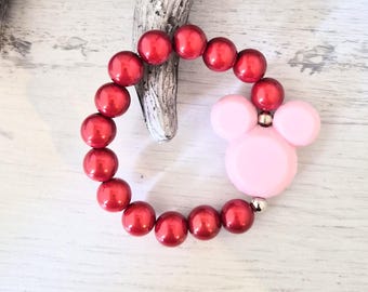 Pulseira Miracle Beads Magic Pearls com efeito 3D brilhante "VERMELHO + ROSA" com Mickey Mouse em acrílico - Um item indispensável este ano! Combine como quiser.