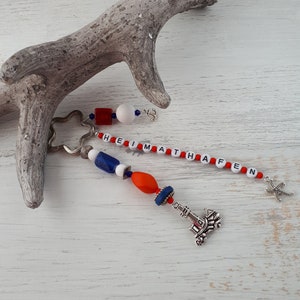 Keychain, bag charm, maritime, lighthouse, starfish, anchor, &quot;home port&quot; royal blue + red + white + silver