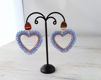 Earrings, earrings, heart earrings, statement earrings, with plug, faceted Czech glass beads, JEANS BLUE + GOLD, handmade