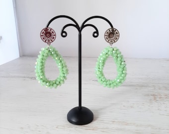 Earrings, Dangle Earrings, Drop Earrings, Statement Earrings, Handmade, Faceted Bohemian Glass Beads, Mint Green + Silver