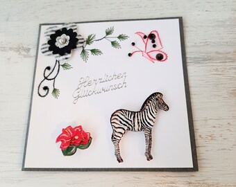 Thread graphic (embroidered) greeting card "Zebra" handmade