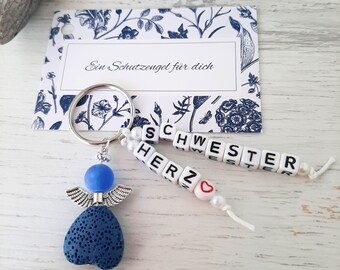 Keychain with guardian angel "SISTER HEART", keychain, bag charm, lucky charm, Christmas blue + silver