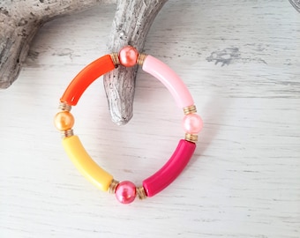 TREND Acrylic Bracelet Tube, Curved Tube Bracelet, Summer Trend, Summer Tube Beads Glass Beads Handmade Yellow + Orange + Pink + Pink + Gold