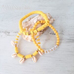 Katsuki bracelet set, charm bracelet, &quot;Beach&quot; Boho, Ibiza, Hippie style, vacation, summer, cowrie shells, &quot;NEON YELLOW MARE&quot;