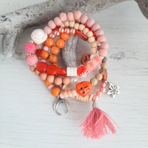 Pearl bracelet charm bracelet, set of 5, boho, Ibiza, hippie style, pink + pink + apricot + orange + champagne + white + brown + silver