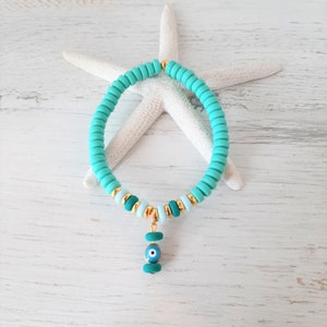 Polymer bracelet, charm bracelet, summer vibes &quot;EVIL&quot; Boho, Ibiza, hippie style, must-have pendant Evil Eye Neon Mint + Petrol + Gold