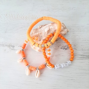 Katsuki bracelet set, charm bracelet, &quot;Ibiza&quot; Boho, Ibiza, hippie style, vacation, summer, cowrie shells, &quot;NEON ORANGE MARE&quot;