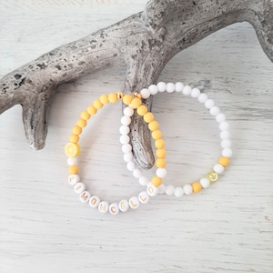 Bracelet set &quot; LIMONCELLO &quot; with lemon and smiley acrylic beads, letters plastic, strung on elastic band yellow + white handmade