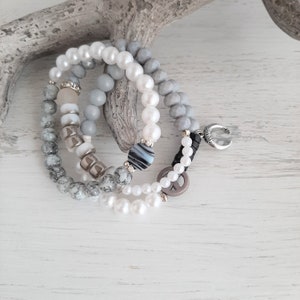 Pearl Bracelet Begging Bracelet, Set 3 Pieces, Boho, Ibiza, Hippie Style, Pendant Horn, Peace, White + Grey + Anthracite + Black + Silver