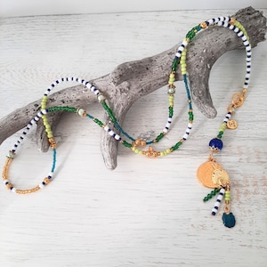 Long chain, charm chain, boho, hippie, mala style, pendant coin, shell, lemon + white + blue + green + petrol + gold