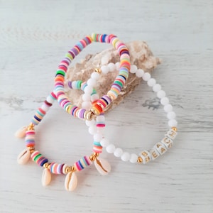Katsuki bracelet set, charm bracelet, &quot;Beach&quot; Boho, Ibiza, hippie style, vacation, summer, cowrie shells, &quot;White + Colorful Beach&quot;