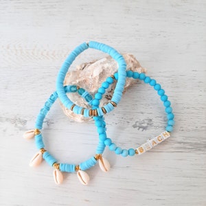 Katsuki bracelet set, charm bracelet, &quot;Beach&quot; Boho, Ibiza, hippie style, vacation, summer, cowrie shells, &quot;TURQUOISE BEACH&quot;