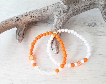 Bracelet set "APEROL" with orange and smiley face, acrylic beads, plastic letters, strung on elastic band, orange + white, handmade