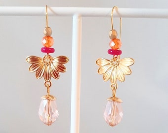 Earrings, dangle earrings, gold plated, daisy, boho, Ibiza, hippie style, golden ornaments, pink + pink + orange + gold summer beach mix and match