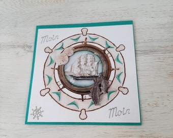 Thread graphic (embroidered) greeting card "MARITIM" Handmade