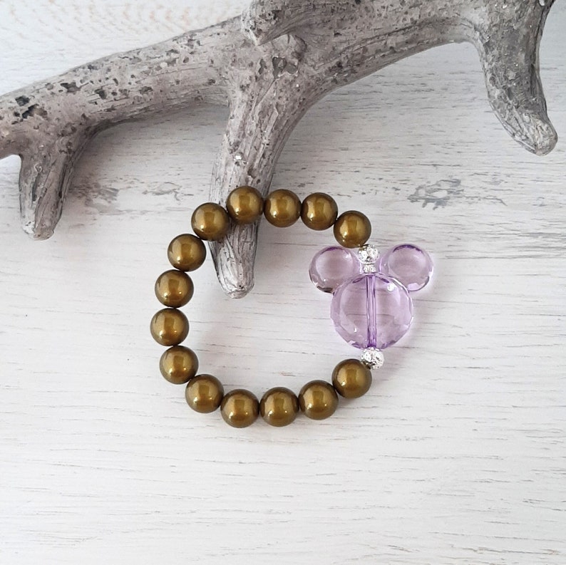 Miracle Beads Magic Pearls 3D Shimmer Effect Bracelet "OLIVE GREEN / LILAC" with Acrylic Mickey Mouse - A must-have this summer! Mix and Match image 1