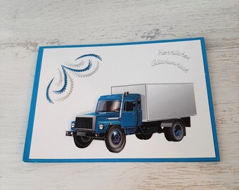 Carte de voeux graphique (brodée) en fil "Camion" faite à la main