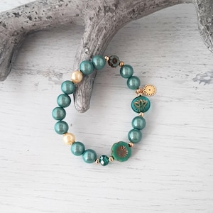 Miracle Beads Bracelet Boho Ibiza Hippie Style &quot; LOTUS &quot; ( PETROl LIGHT + GOLD ) Yoga Jewelry Summer Bracelet Lucky Bracelet Mix and Match