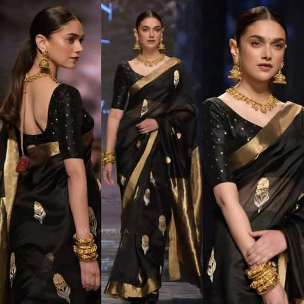 Deepika Padukon porte un sari noir en soie banarasi douce lichi pour femme, une tenue de soirée avec un travail de tissage zari, un sari de Bollywood pour la fonction