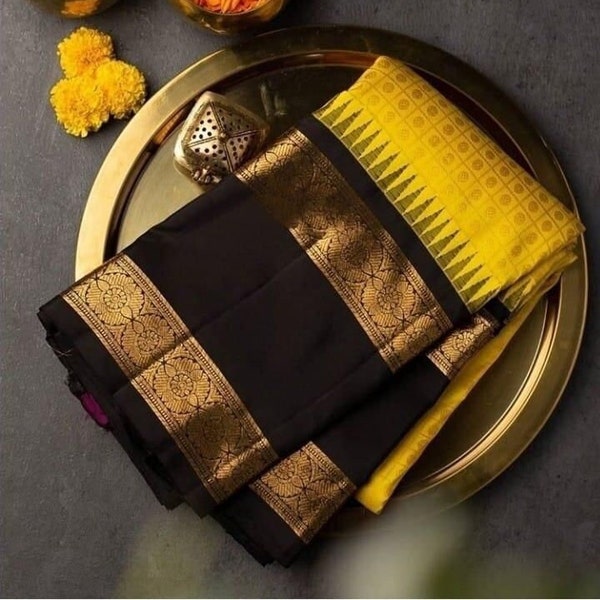 Traditional saree for women, yellow saree blouse, banarasi soft lichi silk saree for festival, jacquard saree  with zari weave work for gift