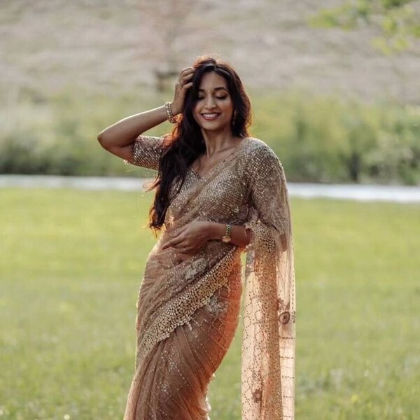 Wedding wear soft net golden saree for women USA, party wear saree with sequin work, wedding saree with fancy border, Bollywood saree blouse