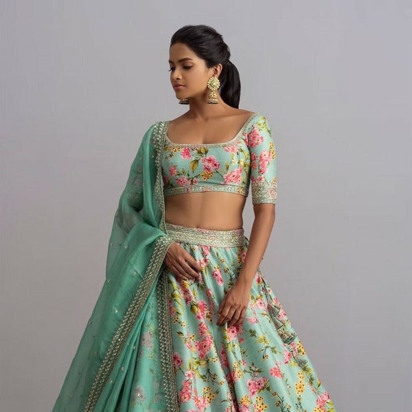 Stylish Mint Green Floral Printed Satin Silk Bridesmaid Lehenga Choli With Embroidery Work For Women|Fancy Indian Evening Party Wear Lehenga