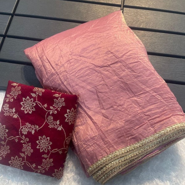 Tissue silk saree for women, pink saree with designer blouse and crush work, party wear saree with fancy lace border, wedding saree for gift