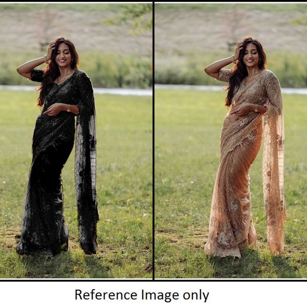 Wedding wear soft net golden saree for women USA, party wear saree with sequin work, wedding saree with fancy border, Bollywood saree blouse