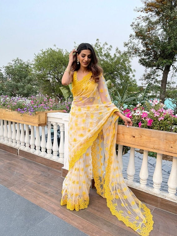 Designer Butterfly Net Yellow Saree for Haldi Function, Wedding