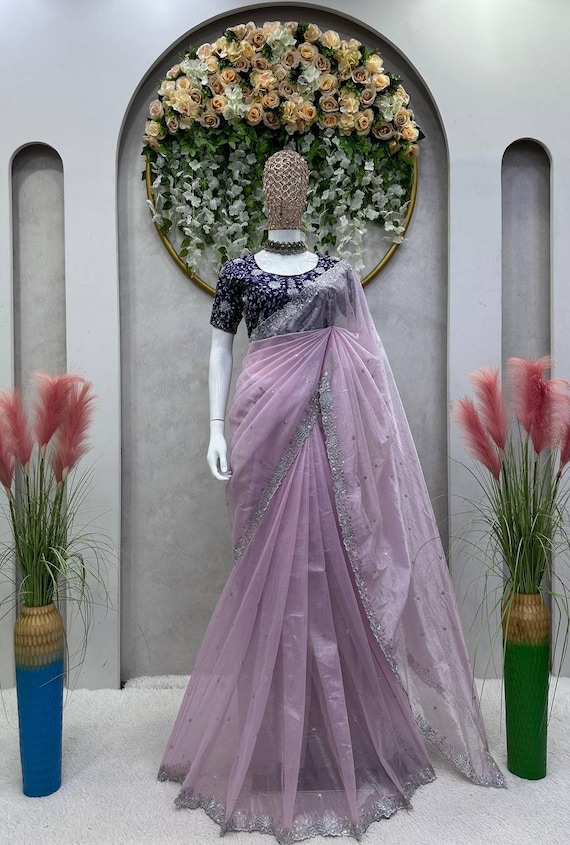 Beautiful Lavender Saree for Women Jimmy Choo Silk Saree With Thread Sequin Work Party Wear Saree for Function wedding Saree for Reception Etsy