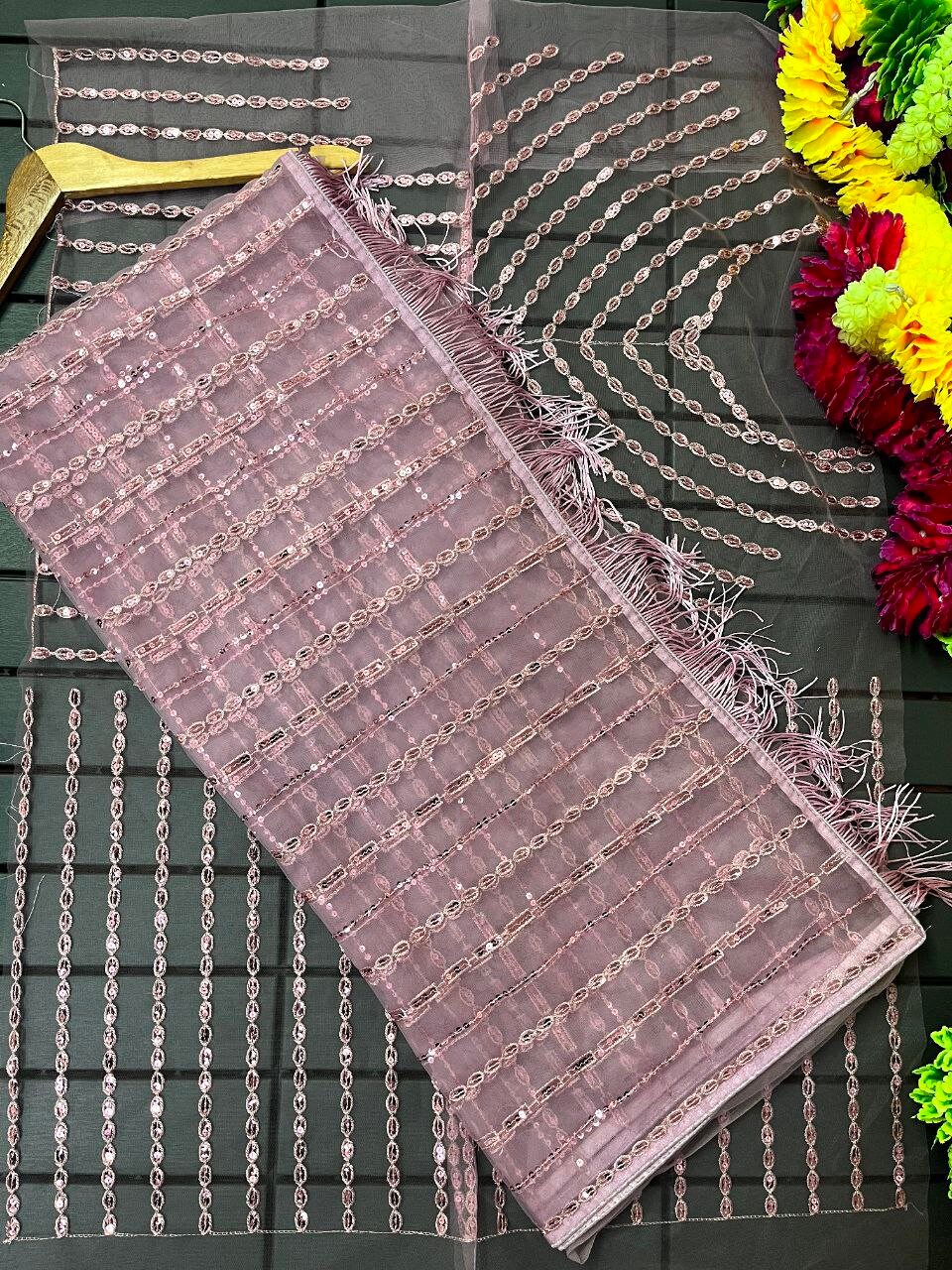 Monjolika Fashion Glamorous Women'S Lavender Sequin Work Soft Net Saree main image 0