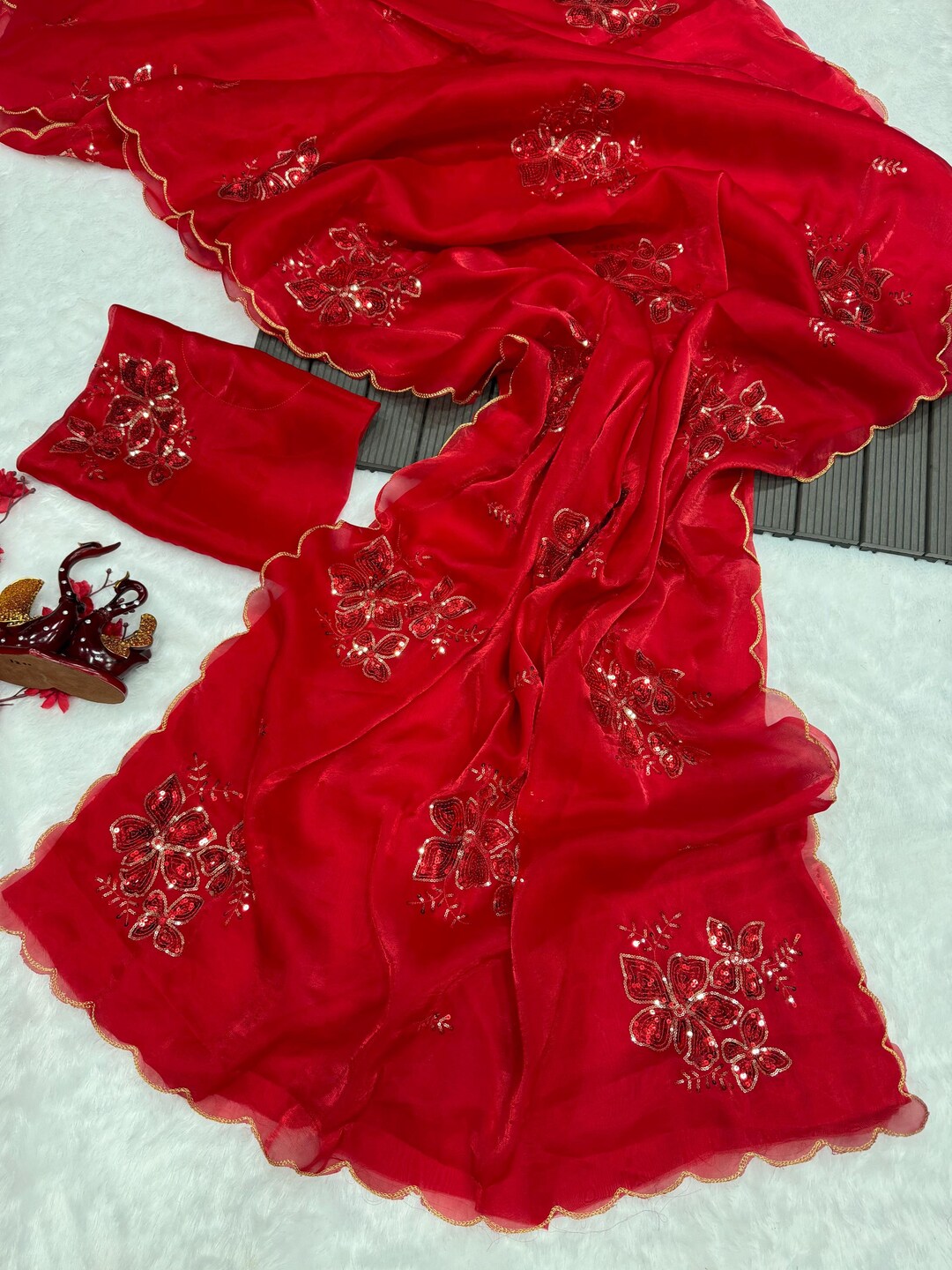 Red Cocktail Party Wear Readymade Saree
