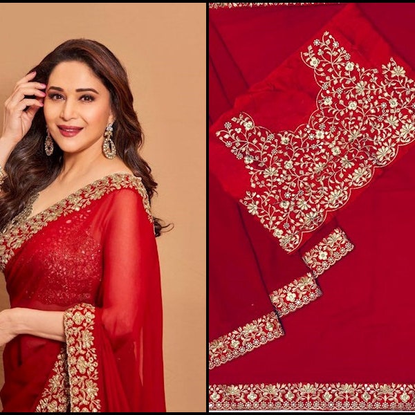 Party wear saree pour la fonction, saree Georgette rouge pour la réception, Madhuri Dixit wear saree pour les femmes, Bollywood saree, saree tendance pour cadeau