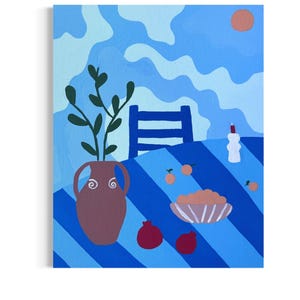 Arte mediterrânica | arte azul | pequeno presente de pintura | pintura acrílica azul | pequeno vaso de obra de arte | vaso grego