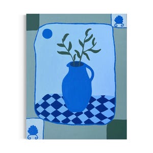 Arte mediterrânica | obra de arte moderna | pequeno presente de pintura | pintura acrílica azul | pequeno vaso de obra de arte | vaso grego